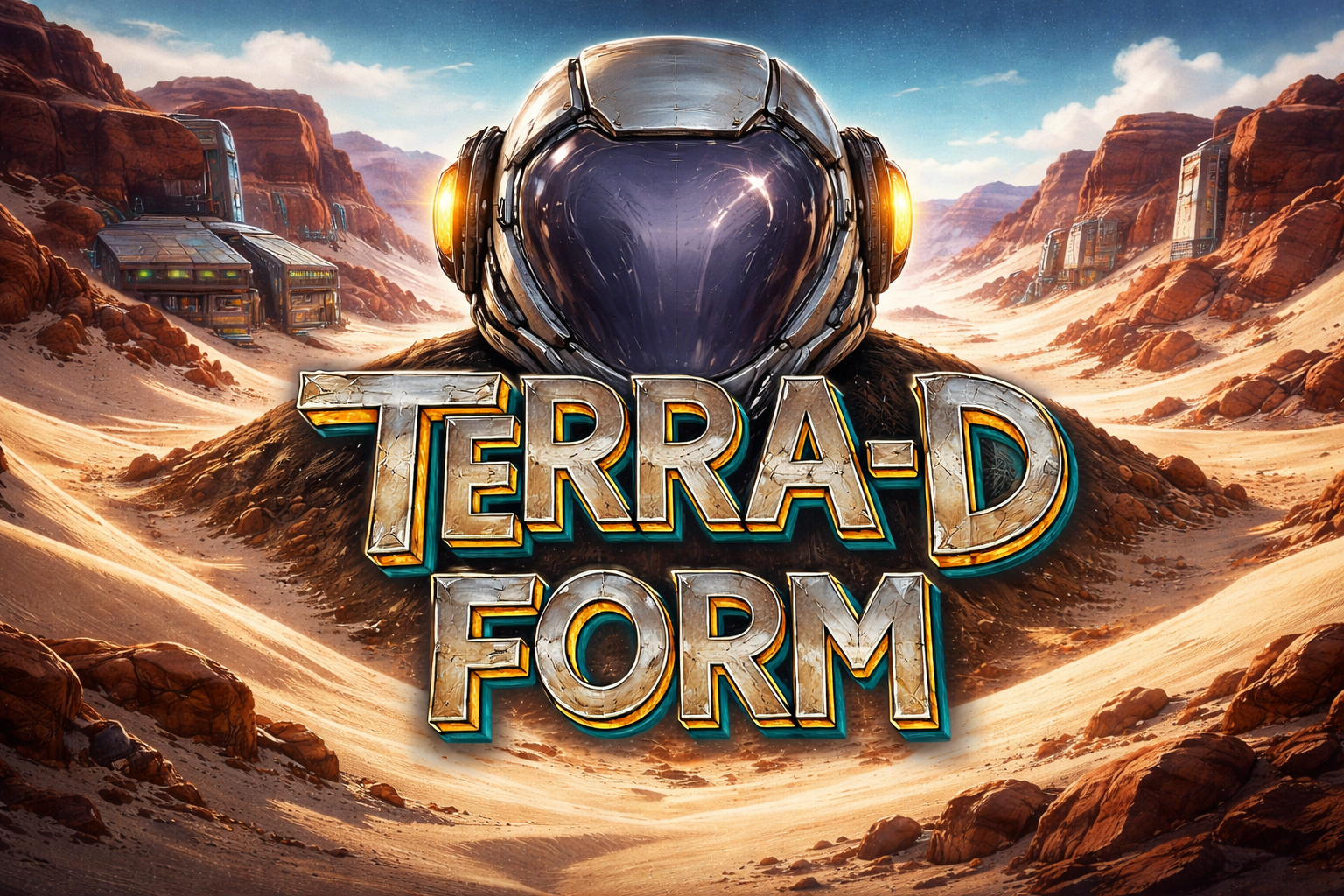 Visuel principal Terra-D Form : casque futuriste, canyon désertique et logo métallique.